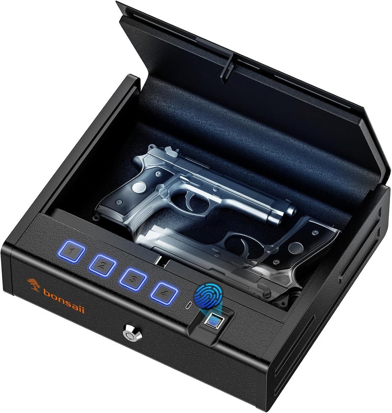 bonsaii Gun Safe for Handgun, 3 Ways Quick Access Biometric Gun Safe for Pistols, Fingerprint Pistol Safe with Type-C Port, Small Handgun Safe Lock Box with Light for Nightstand, Bedside, Car, Home - Image 1